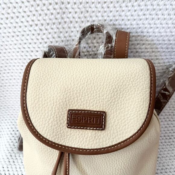 Esprit NOS Beige Brown Faux Pebbled Leather Drawstring Mini Backpack New NWT Y2K - Picture 2 of 8